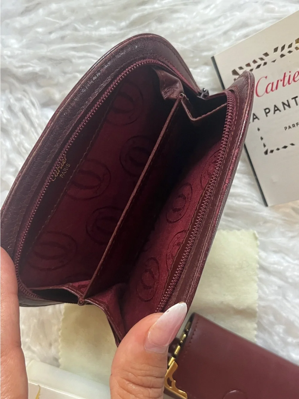 Cartier Burgundy and Gold Leather Key Case, wallet & perfum sample bundle